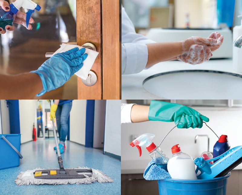 Four images of cleaning a medical office.